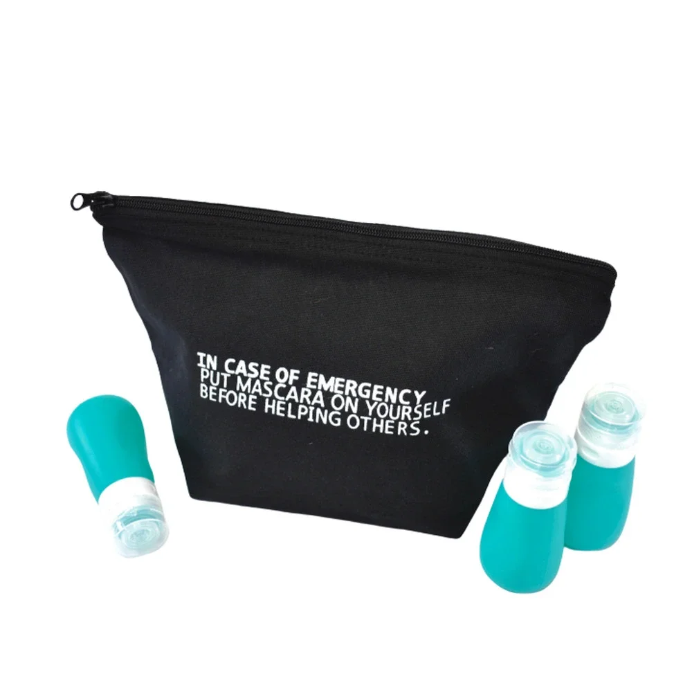Chic Funny Makeup Bag Set Mascara Emergency w Travel Bottles Black Canvas NEW